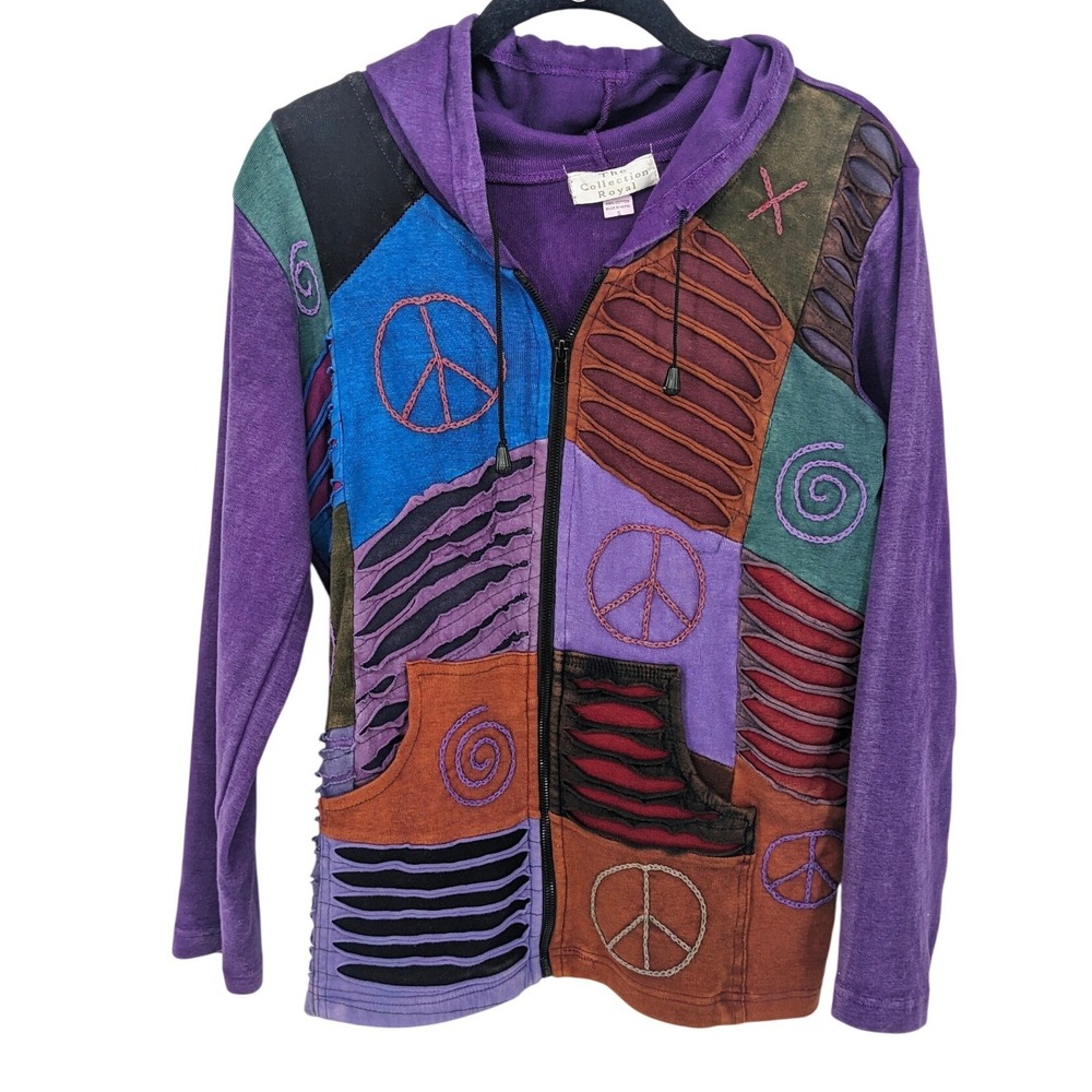 The Collection Royal Patchwork Jacket Womens Small Purple Peace Sign‎ Colorful